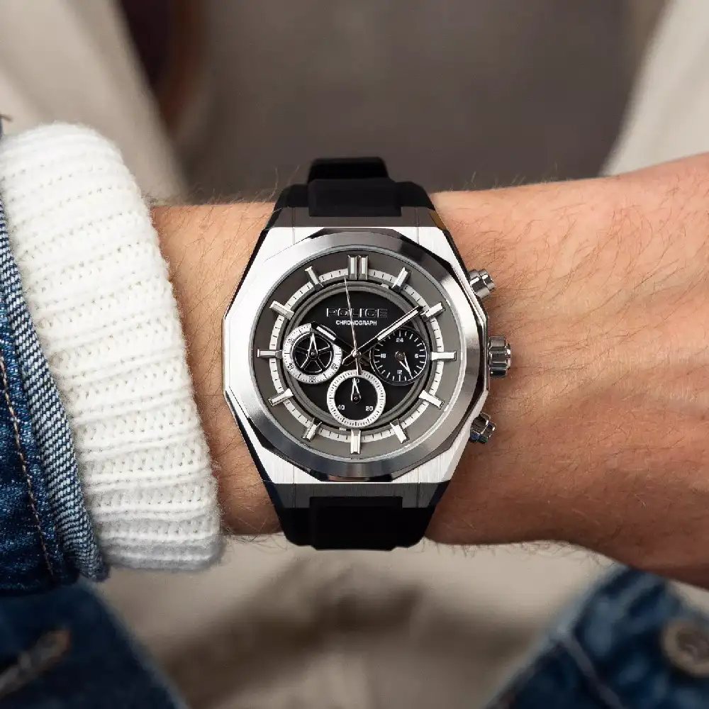 Police Steward Chronograph Watch for Men - 46mm Silver Stainless Steel Case, Silver Dial, Black Silicone Strap, 50m Water Resistant - PEWGO0093702 - Image 4