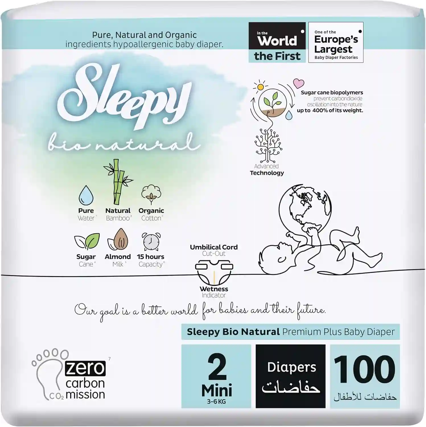 Sleepy Bio Natural Premium Diapers Baby Dry Taped 3-6kg 100 Count - SLP-BDN102L3