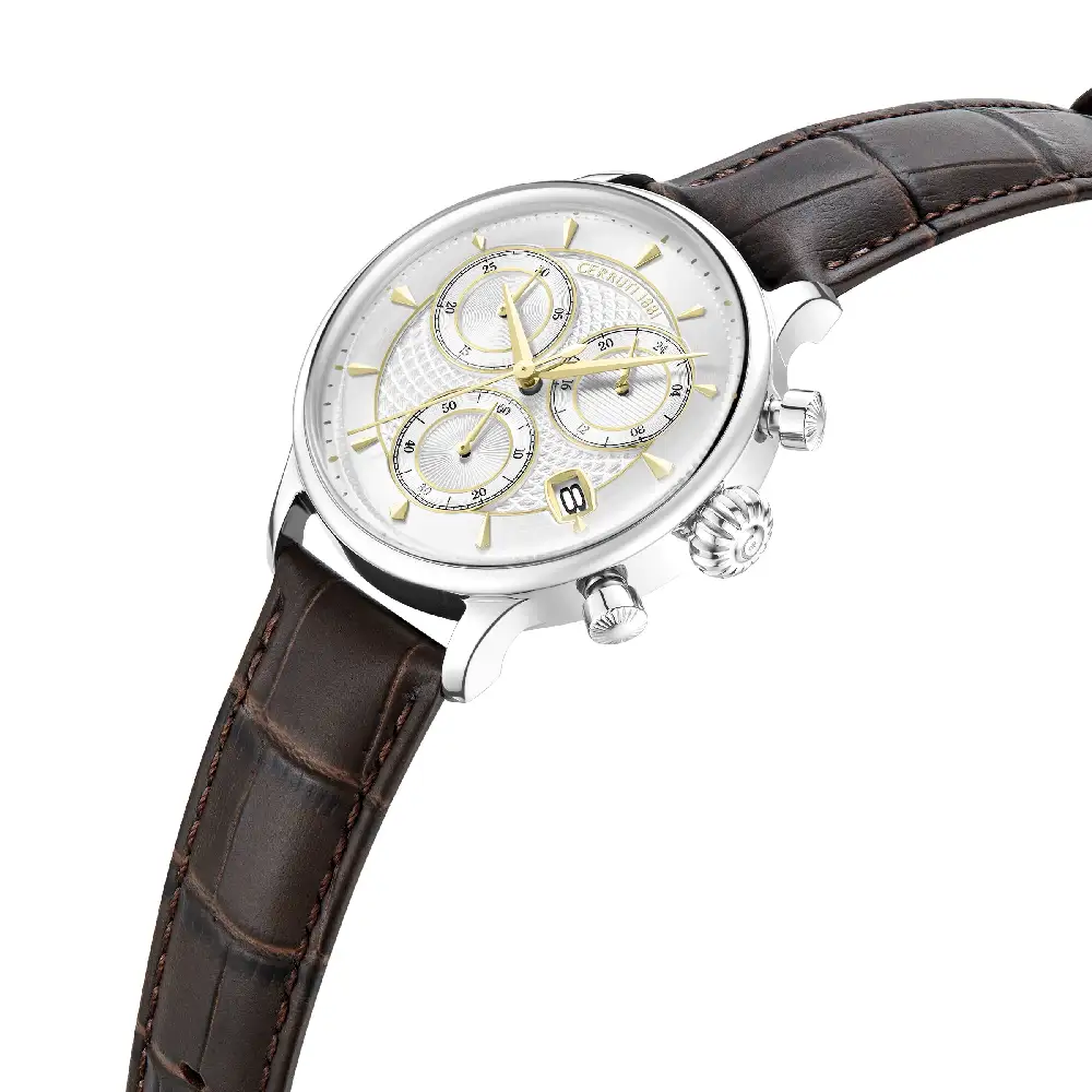 Cerruti 1881 Dervio Chronograph Watch for Men - Silver Dial, Gold-Tone Accents, Stainless Steel Case, Brown Genuine Leather Strap, Date Display - CIWGC0073302 - Image 2