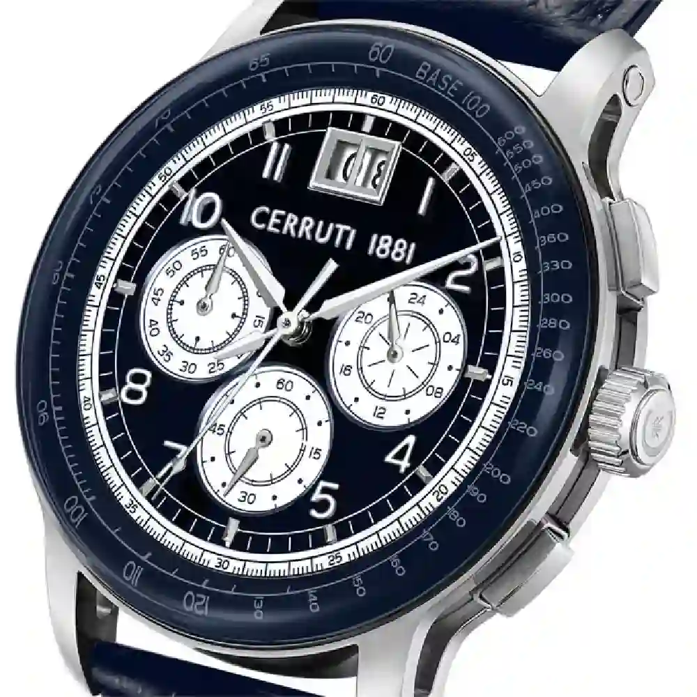 Cerruti 1881 Petroio 43mm Chronograph Watch for Men - Blue & White Dial, Blue Genuine Leather Strap, Stainless Steel Case, 50m Water Resistant - CIWGC0084603 - Image 4