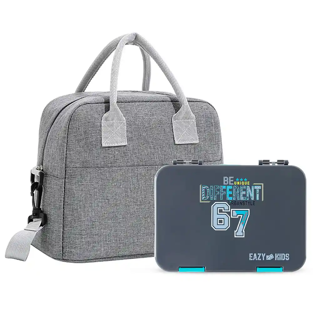 Eazy Kids 4 Compartment Bento Lunch Box W Insulated Lunch Bag Urban Grey - CM_EZLBALBTT_67GY