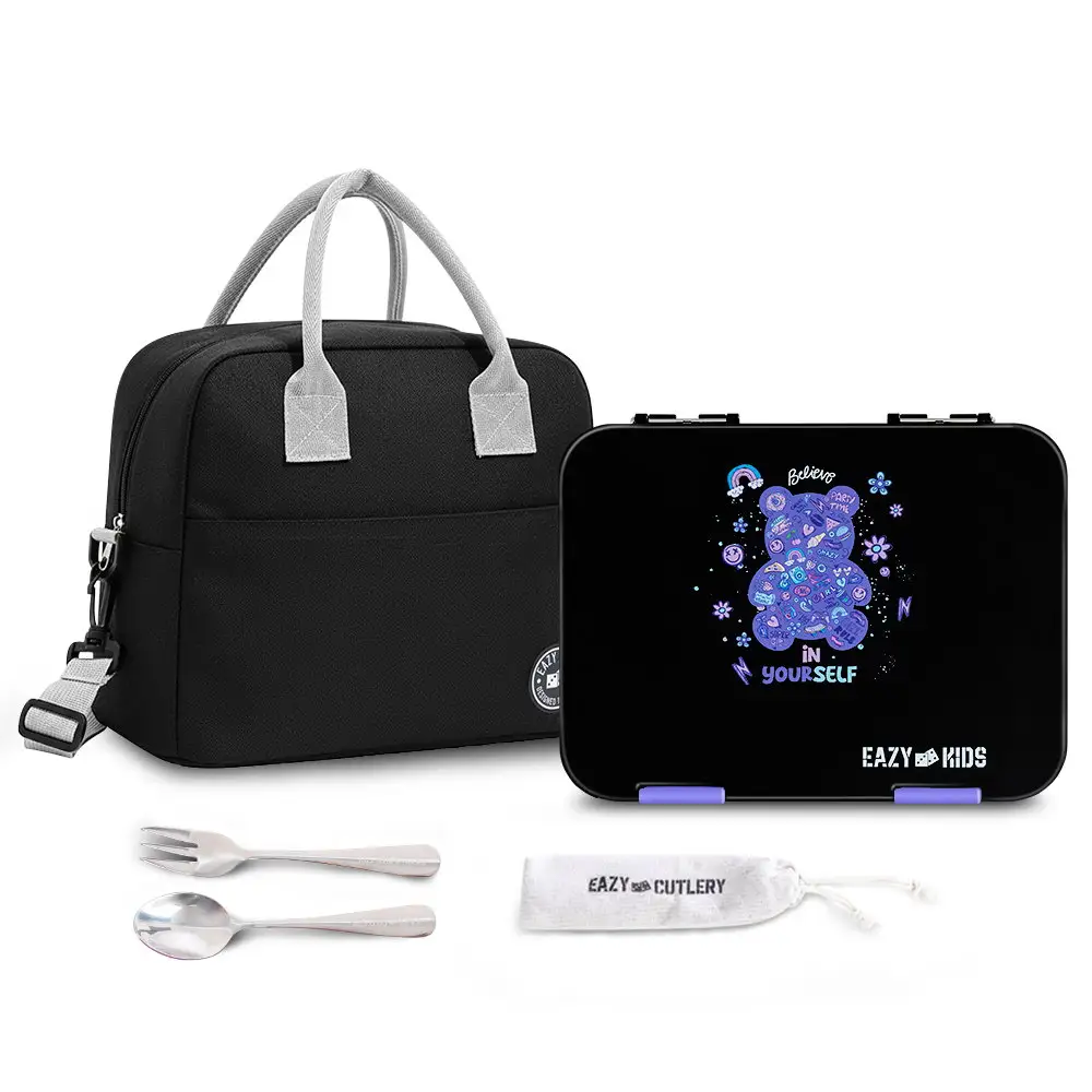 Eazy Kids Convertible Bento Lunch Box W Insulated Lunch Bag Teddy Black - CM_EZLBALBTT_TEDPU