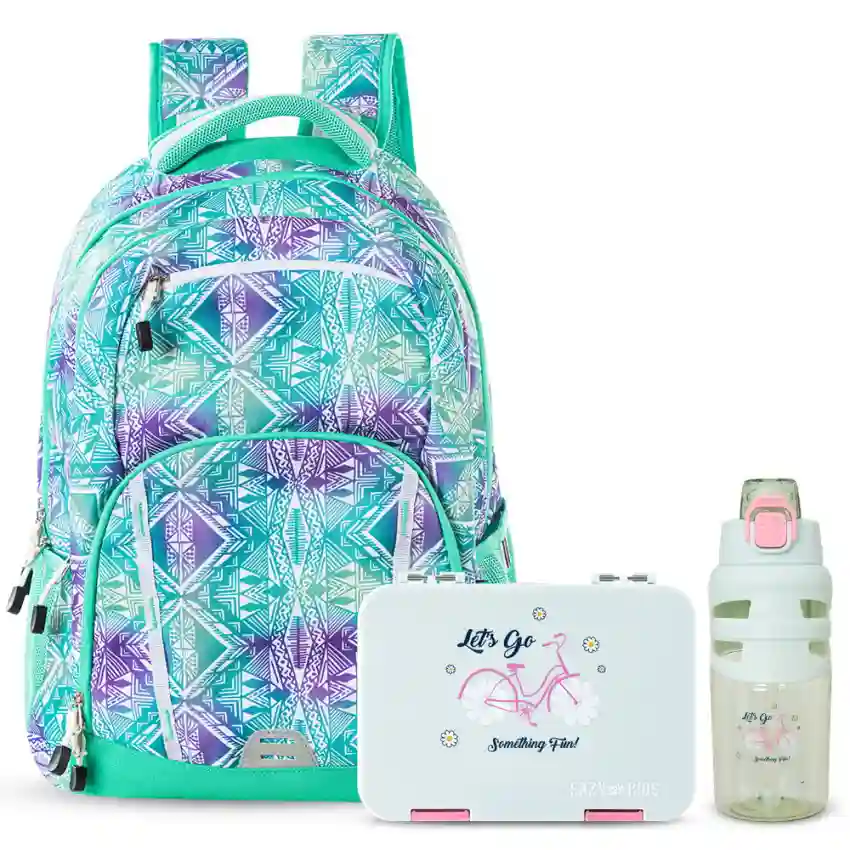 Eazy Kids School Bag 18 W Bento Lunch Box And Water Bottle Geometrical Green - CM_EZSBLBWBSS_PUGR