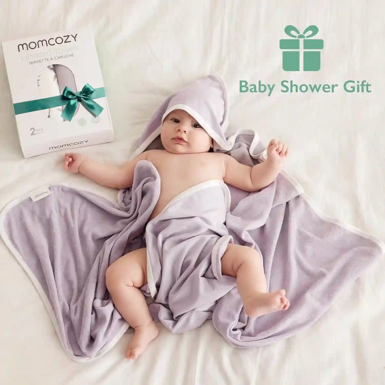 Momcozy Bamboo Cotton Hooded Baby Towel Set, Ink Wash Leaves Print, Pack of 2 - 810184058748 - Image 4