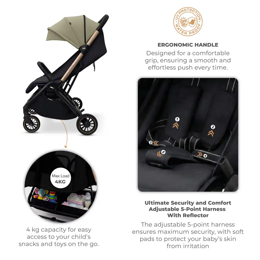 Neobreez Twinex Auto Fold Double Stroller Compact Twin Stroller Beige Black - T9-NBR277BGB - Image 15