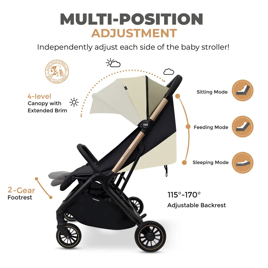 Neobreez Twinex Auto Fold Double Stroller Compact Twin Stroller Beige Black - T9-NBR277BGB - Image 9