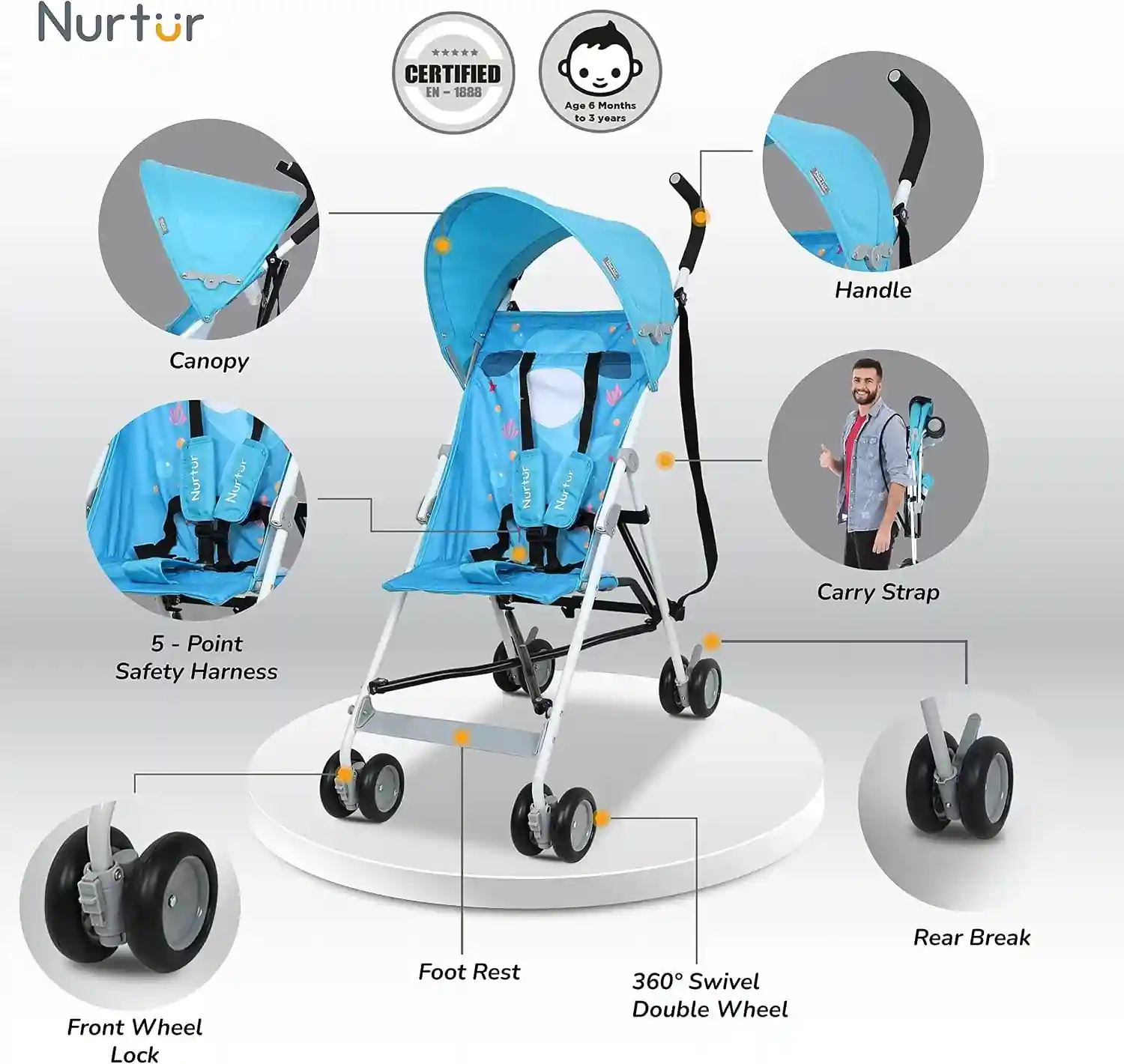 Nurtur Rex Lightweight Stroller Compact Fold Sun Canopy Light Blue 6-36 Months - B801FT-NR10 - Image 2