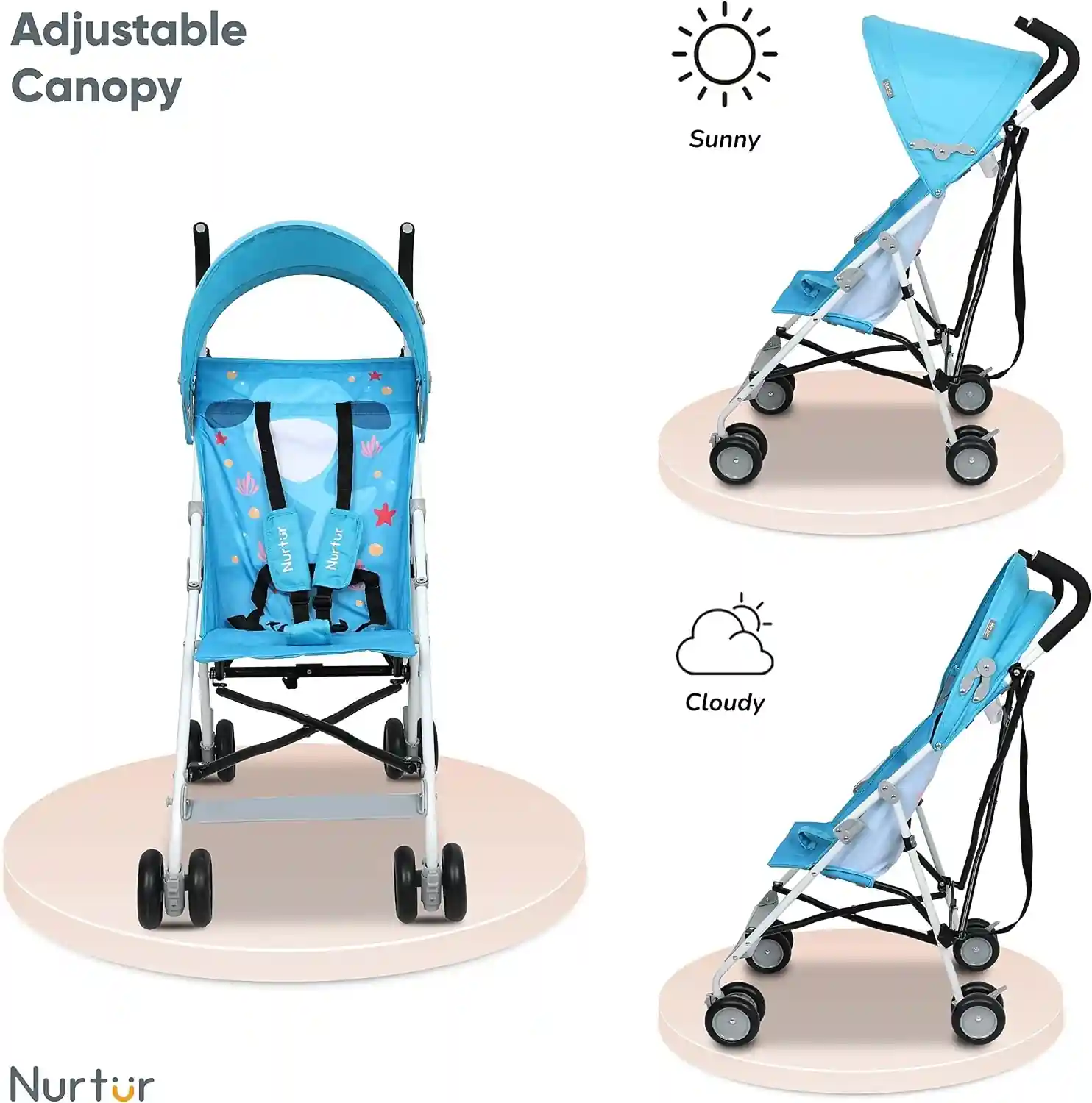 Nurtur Rex Lightweight Stroller Compact Fold Sun Canopy Light Blue 6-36 Months - B801FT-NR10 - Image 3