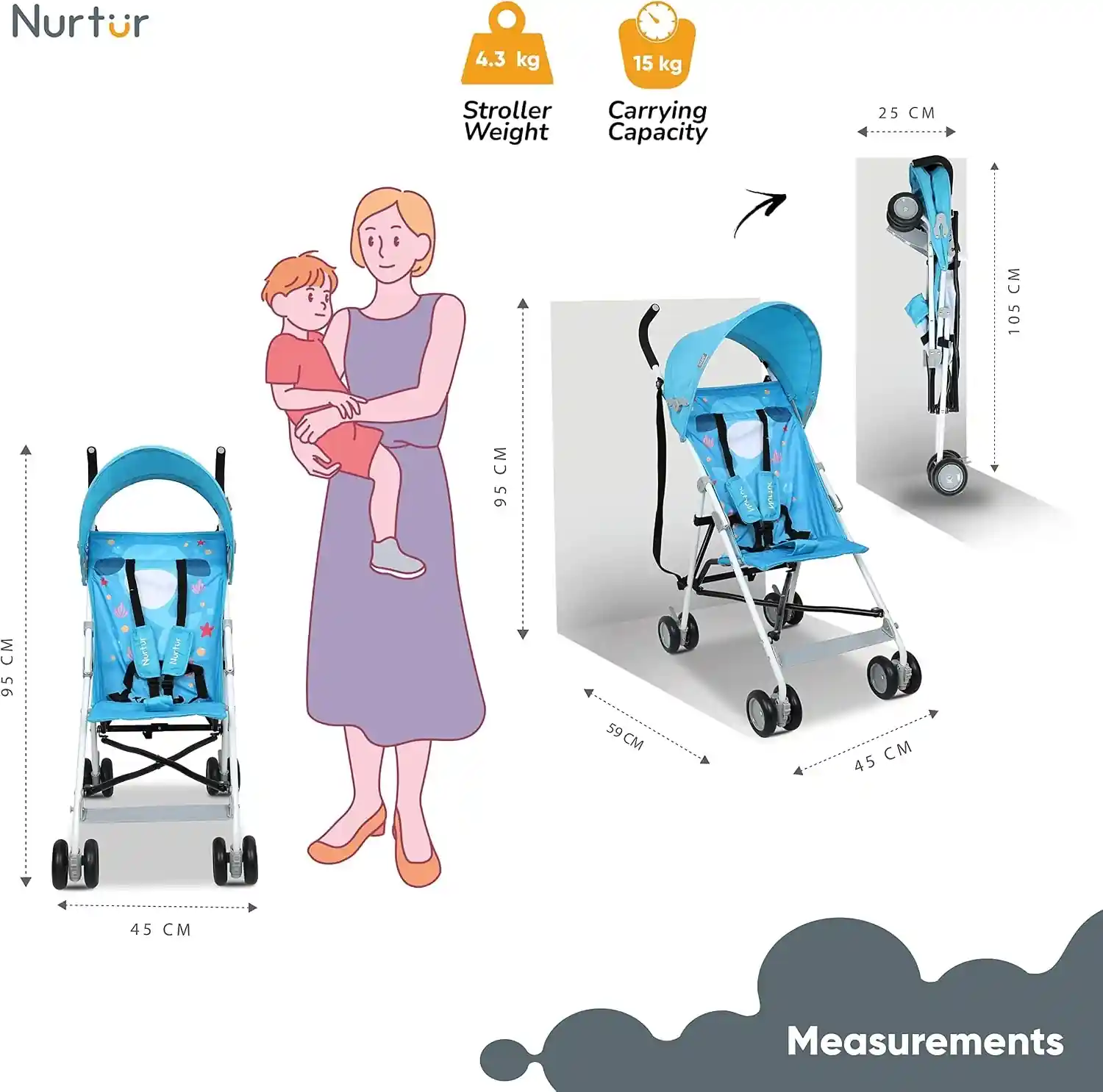 Nurtur Rex Lightweight Stroller Compact Fold Sun Canopy Light Blue 6-36 Months - B801FT-NR10 - Image 4
