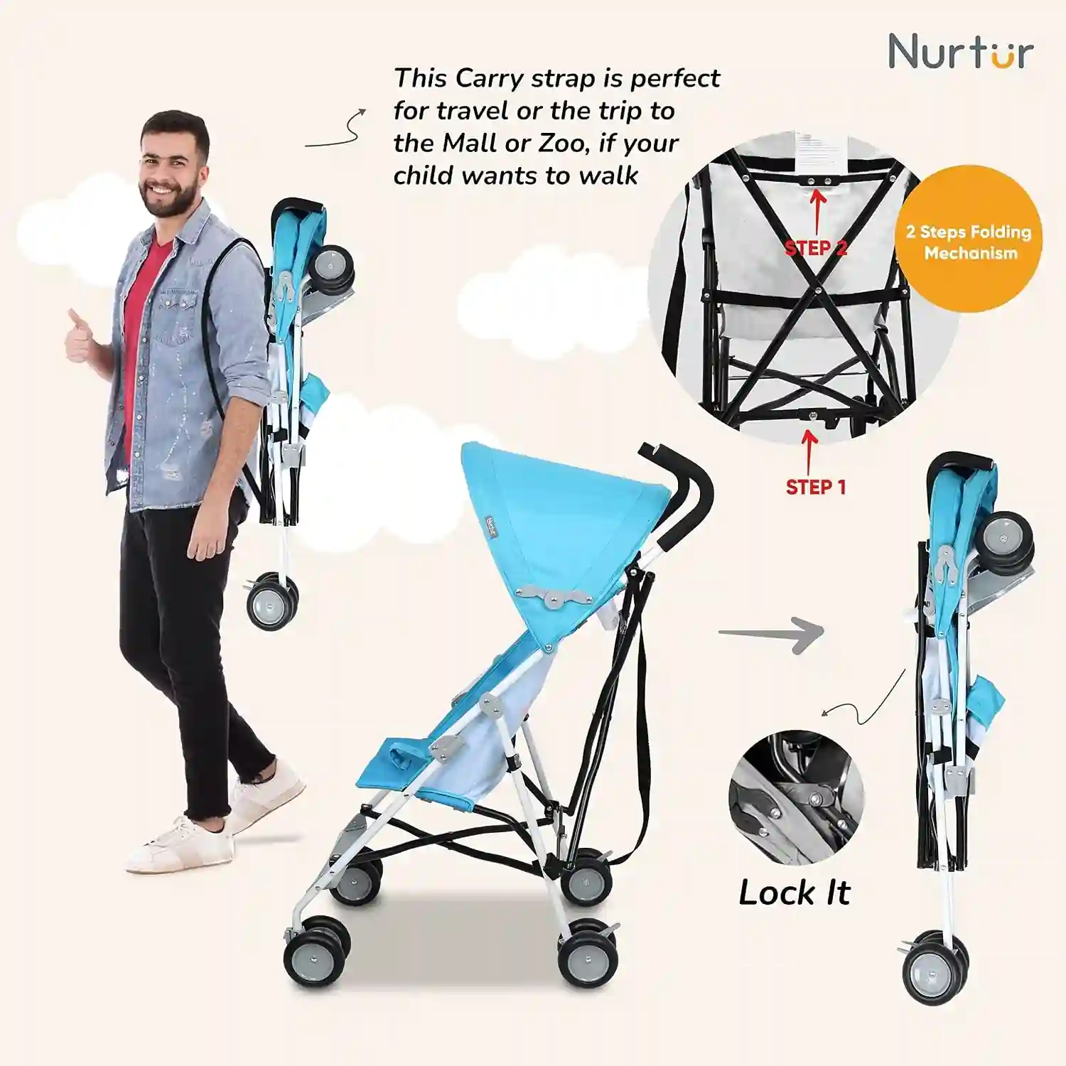 Nurtur Rex Lightweight Stroller Compact Fold Sun Canopy Light Blue 6-36 Months - B801FT-NR10 - Image 5