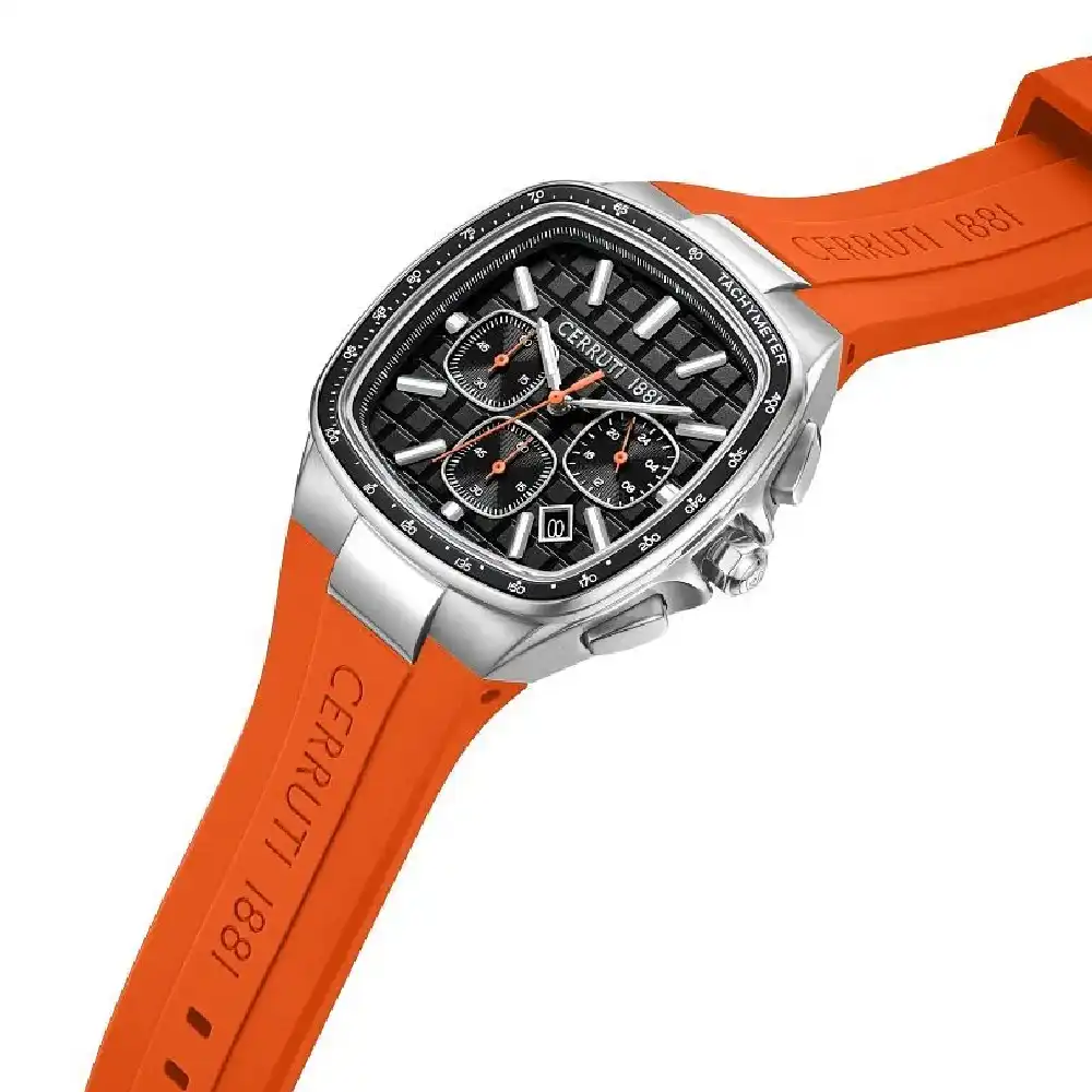 Cerruti 1881 Casale Chronograph Quartz Watch for Men - Black Textured Dial, Silver Stainless Steel Case, Orange Rubber Strap, Date Display, 12 24-Hour Format - CIWGO0102703 - Image 3