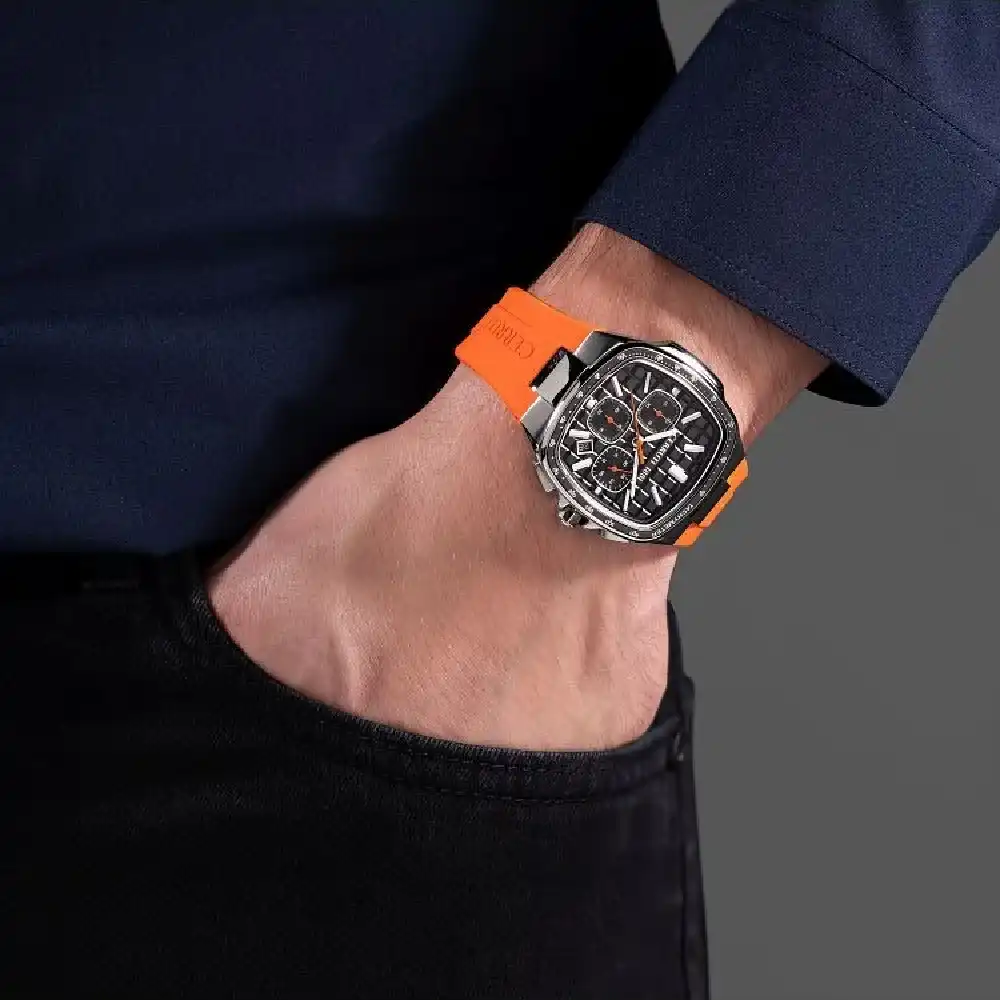 Cerruti 1881 Casale Chronograph Quartz Watch for Men - Black Textured Dial, Silver Stainless Steel Case, Orange Rubber Strap, Date Display, 12 24-Hour Format - CIWGO0102703 - Image 4