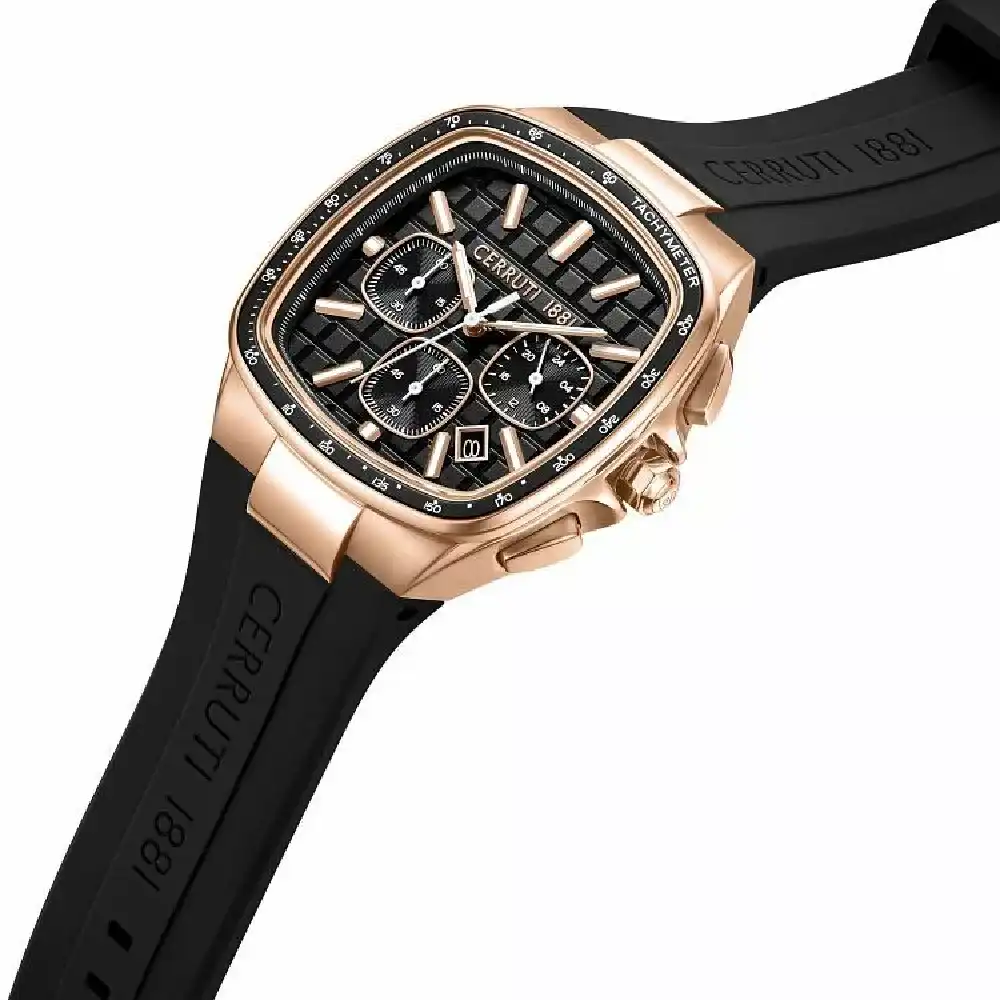 Cerruti 1881 Casale Quartz Chronograph Watch for Men - Black Textured Dial, Rose Gold Stainless Steel Case, Black Rubber Strap, 30M Water Resistant - 42mm - CIWGO0102702 - Image 2