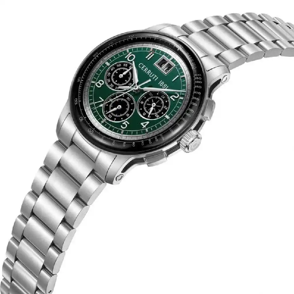 Cerruti 1881 Multifunction Quartz Watch for Men - Green Dial, Silver Stainless Steel Strap, Mineral Glass, Push Button Clasp - CIWGI0084606 - Image 2