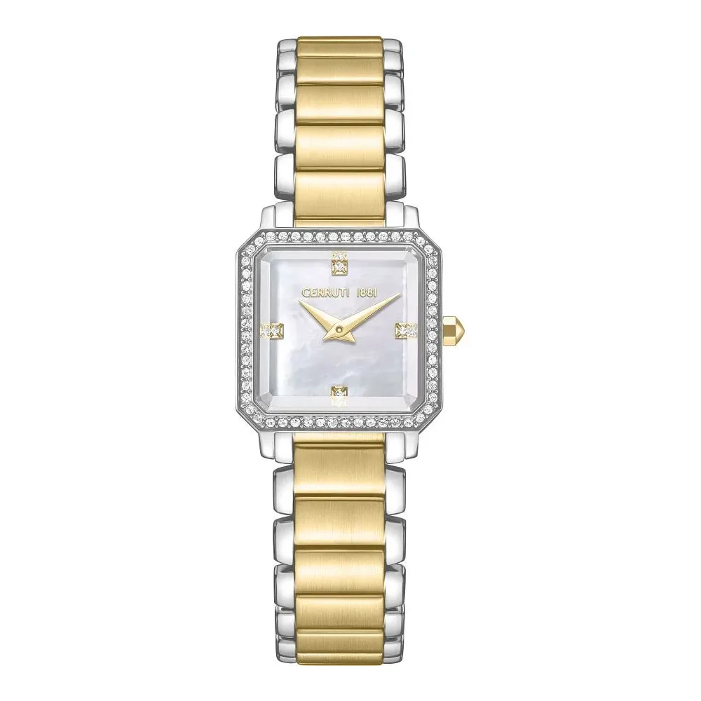 Cerruti 1881 Quartz Analog Watch for Women - White Mother-of-Pearl Dial, Two-Tone Stainless Steel Strap, Mineral Glass, Butterfly Clasp - CIWLG0097404