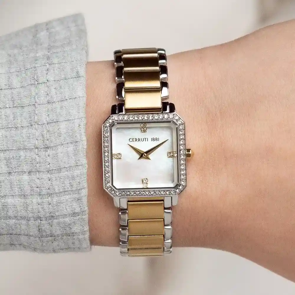 Cerruti 1881 Quartz Analog Watch for Women - White Mother-of-Pearl Dial, Two-Tone Stainless Steel Strap, Mineral Glass, Butterfly Clasp - CIWLG0097404 - Image 4