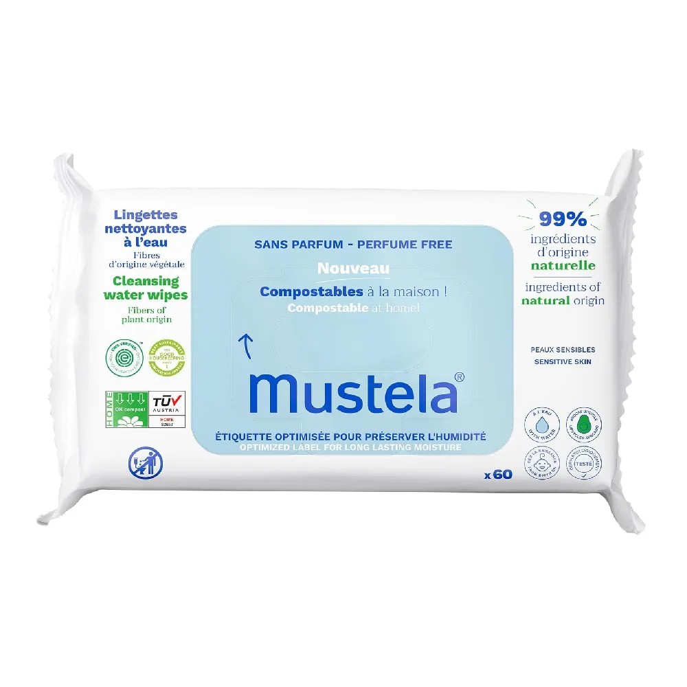 Mustela Home Compostable Fragrance-Free Cleansing Water Wipes with Natural Avocado, Sensitive Skin, 60 Wipes - H002