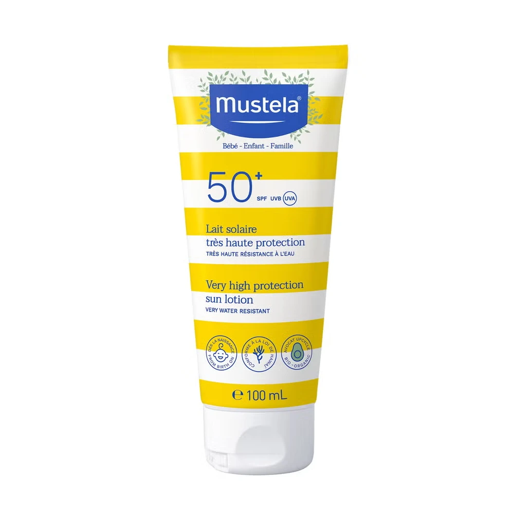 Mustela Very High Protection Sun Lotion SPF 50+ with Organic Avocado for Baby & Family, UVA-UVB Protection, Water & Sand Resistant 100ml - H009