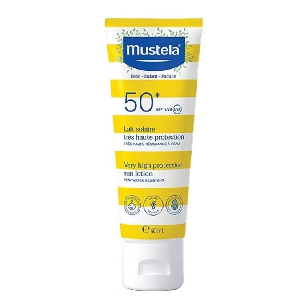 Mustela Very High Protection Sun Lotion SPF 50+ with Organic Avocado for Baby & Family, UVA-UVB Protection, Water & Sand Resistant 40ml - H008
