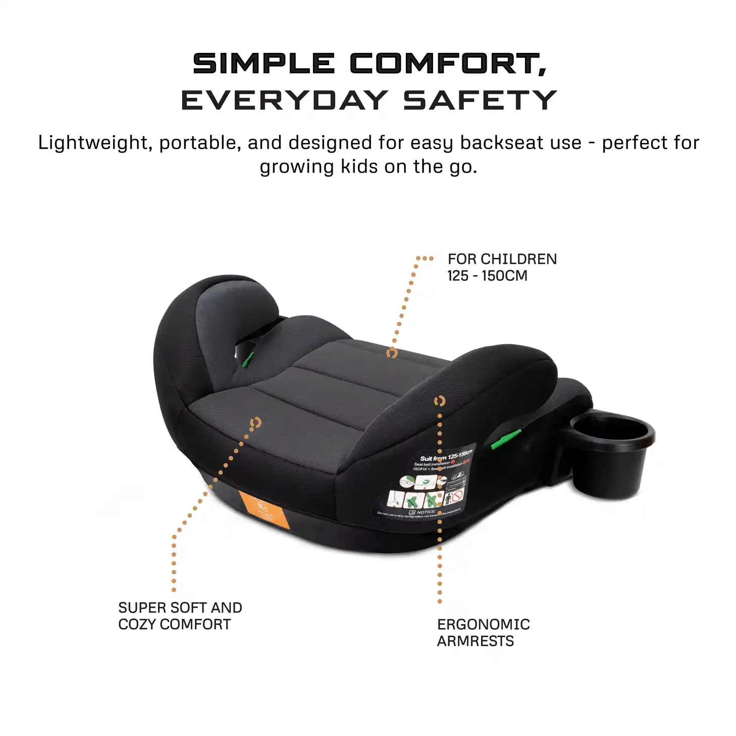 Neobreez Fira I-size Kids Booster Car Seat Group 2 3 With 2 Cup Holders Grey-black - HF02-NBR030DGB - Image 12