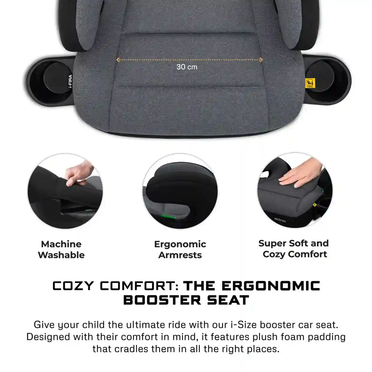 Neobreez Fira I-size Kids Booster Car Seat Group 2 3 With 2 Cup Holders Grey-black - HF02-NBR030DGB - Image 7