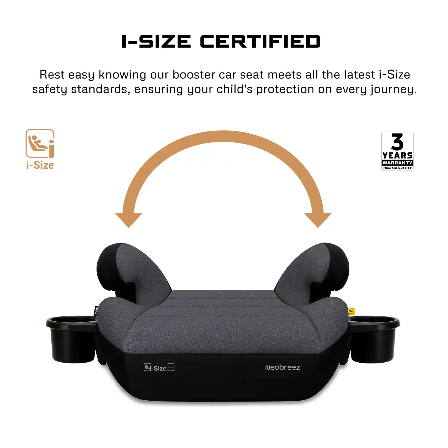 Neobreez Fira I-size Kids Booster Car Seat Group 2 3 With 2 Cup Holders Grey-black - HF02-NBR030DGB - Image 9