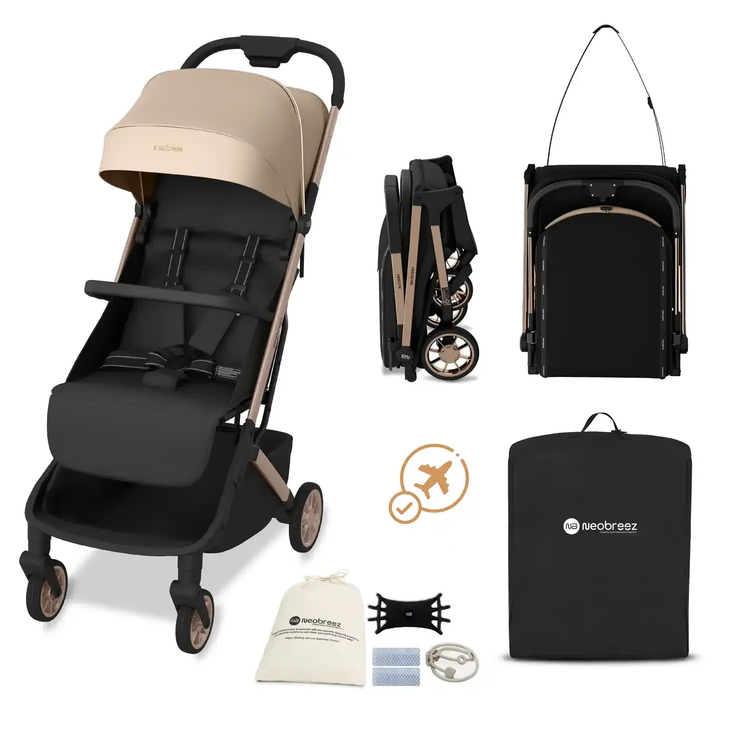Neobreez Neolite Compact Cabin Stroller Beige Black - 909-NBR294BG
