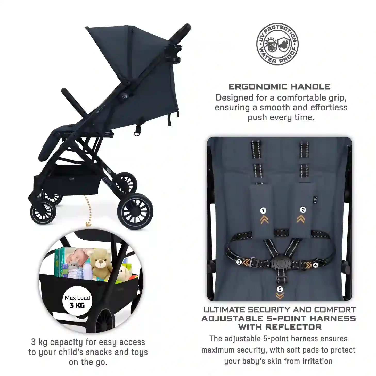 Neobreez Penta Compact Lightweight Travel Stroller W Cup Holder Black Grey - 8156-NBR212BKG - Image 11