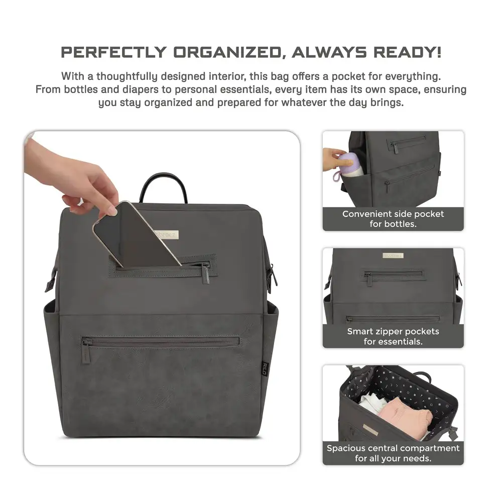 Neobreez Rilo Diaper Backpack Set with Changing Mat Wet Bag And Pouches Dark Grey 7 Pcs - NBR247DG - Image 12