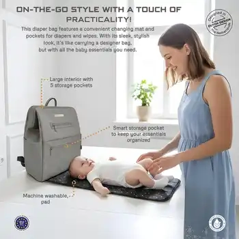 Neobreez Rilo Diaper Backpack Set with Changing Mat Wet Bag And Pouches Stone Grey 7 Pcs - NBR246STG - Image 8