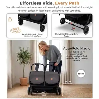 Neobreez Twinex Auto Fold Double Stroller Compact Twin Stroller Grey - T9-NBR275G - Image 12