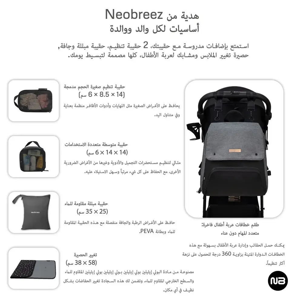 Neobreez Zori Diaper Backpack Set with Changing Mat Wet Bag Pouches Grey 7 Pcs - NBR054DGB - Image 18