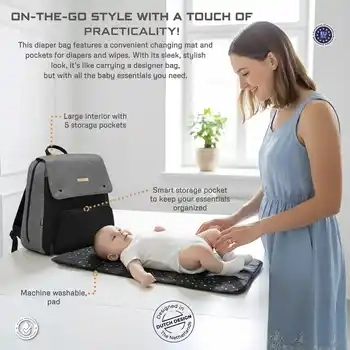 Neobreez Zori Diaper Backpack Set with Changing Mat Wet Bag Pouches Grey 7 Pcs - NBR054DGB - Image 5