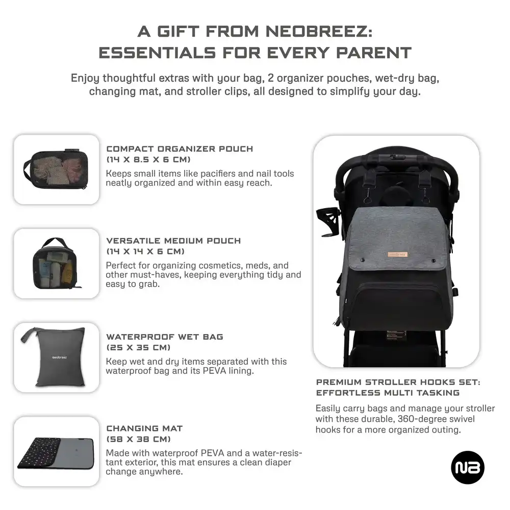 Neobreez Zori Diaper Backpack Set with Changing Mat Wet Bag Pouches Grey 7 Pcs - NBR054DGB - Image 8