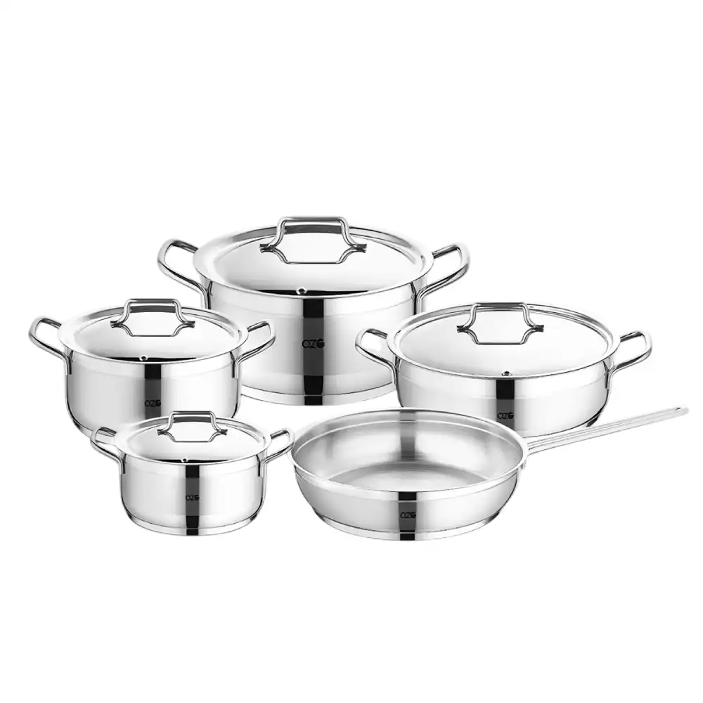 OZO 1144 9-Piece Stainless Steel Cookware Set, Durable Induction Compatible Pots & Pans with Tempered Glass Lids, Silver
