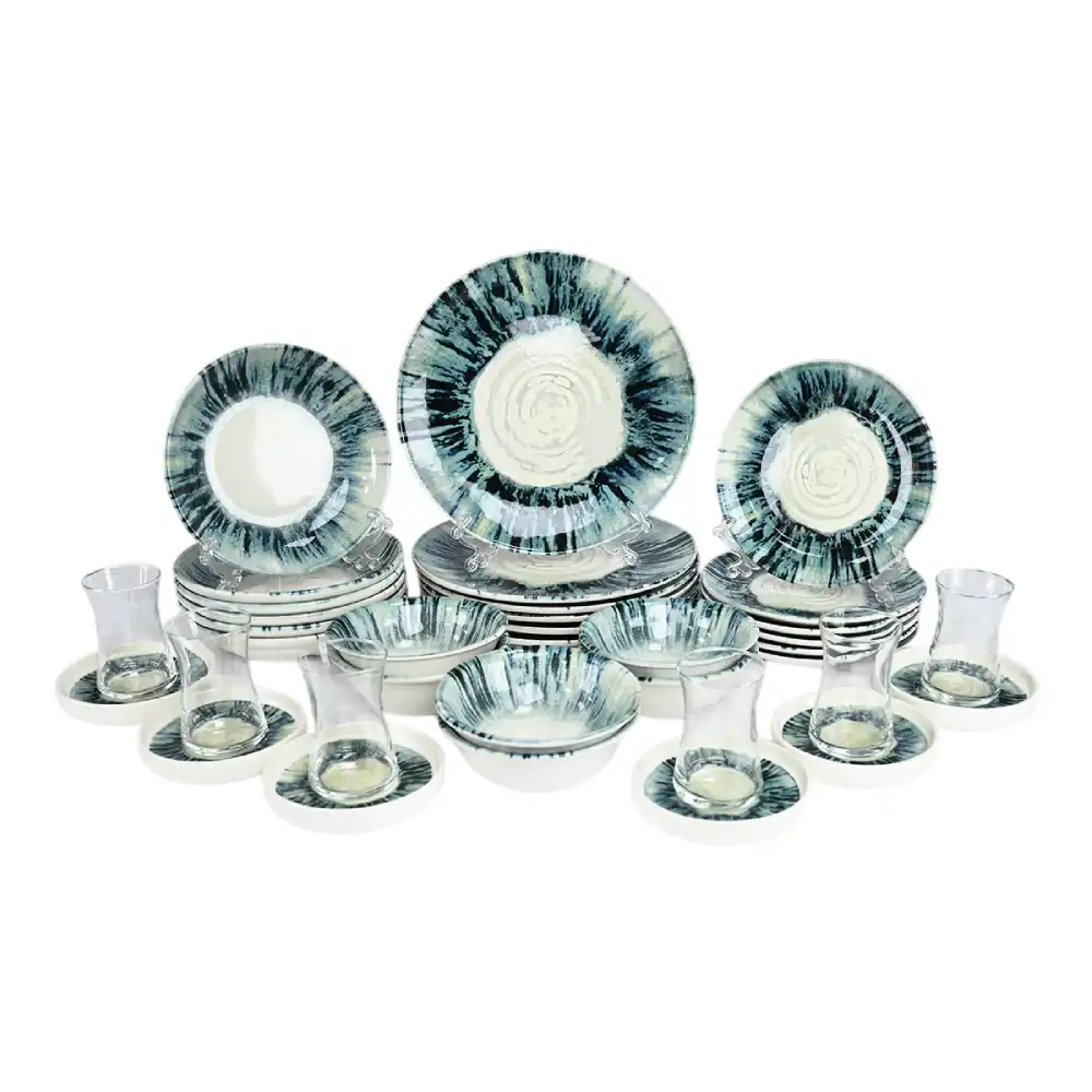 OZO 36-Piece Premium Turkish Porcelain Dinner Set for 6 Persons with Tea Glasses & Saucers, 1201