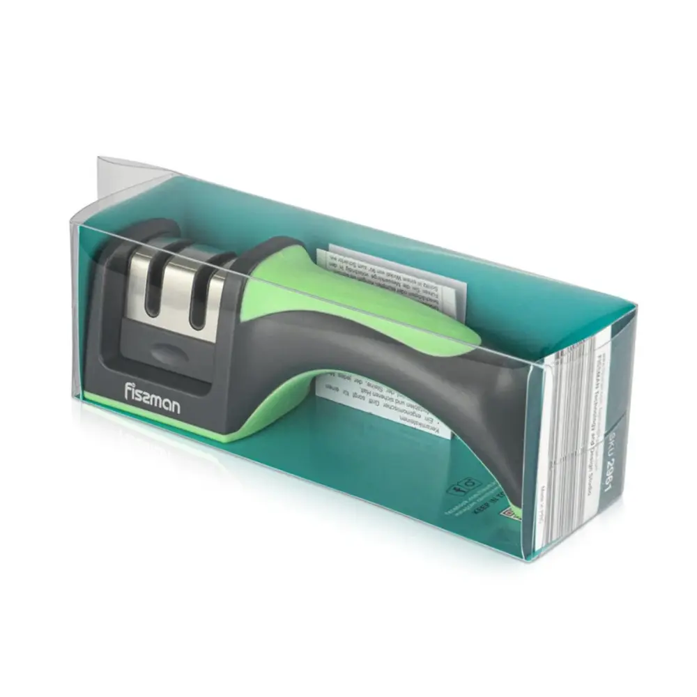 Fissman Knife Sharpener 2-Step Carbide and Ceramic Plastic 19cm Black, Green - 2961 - Image 2