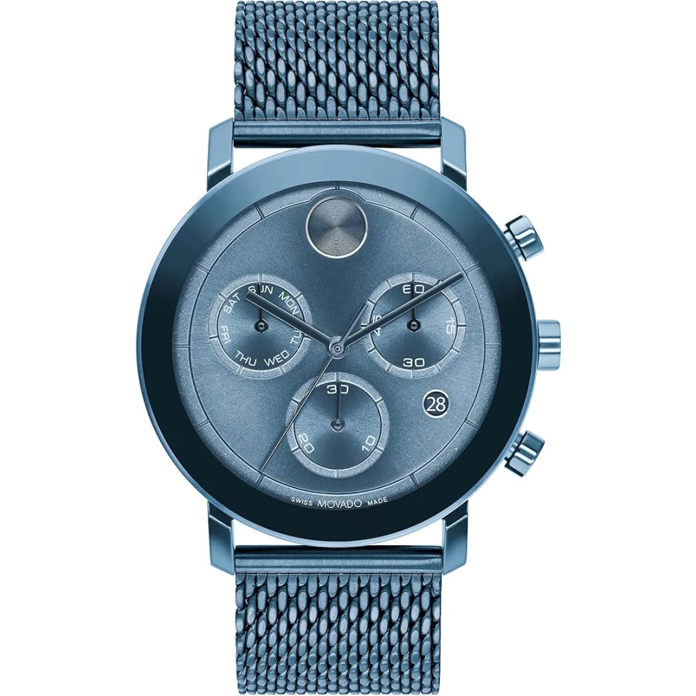 Movado Bold Evolution Mens Swiss Quartz Watch, 42mm Blue Ion-Plated Stainless Steel Case & Mesh Bracelet, Blue Chronograph Dial, Three Subdials, Date Window, K1 Mineral Crystal, 10ATM - 3600809