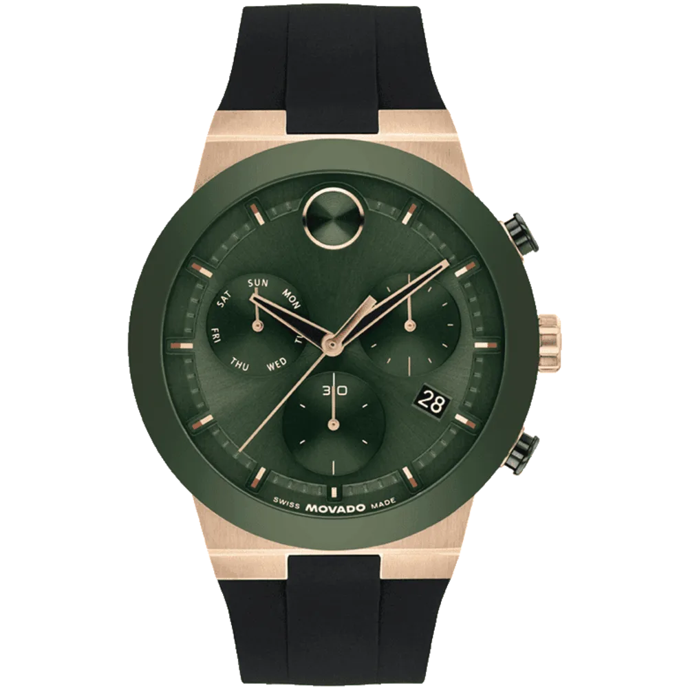 Movado Bold Fusion Mens Chronograph Quartz Watch, 44.5mm Stainless Steel Case, Green Sunray Dial, Ceramic Bezel, Black Silicone Strap, Mineral Crystal, 5 ATM Water Resistance - 3601333