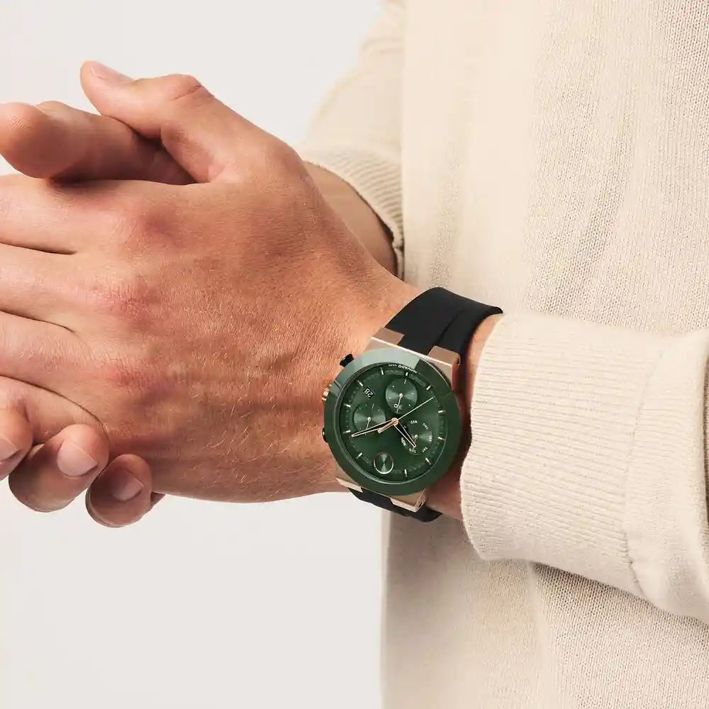 Movado Bold Fusion Mens Chronograph Quartz Watch, 44.5mm Stainless Steel Case, Green Sunray Dial, Ceramic Bezel, Black Silicone Strap, Mineral Crystal, 5 ATM Water Resistance - 3601333 - Image 4