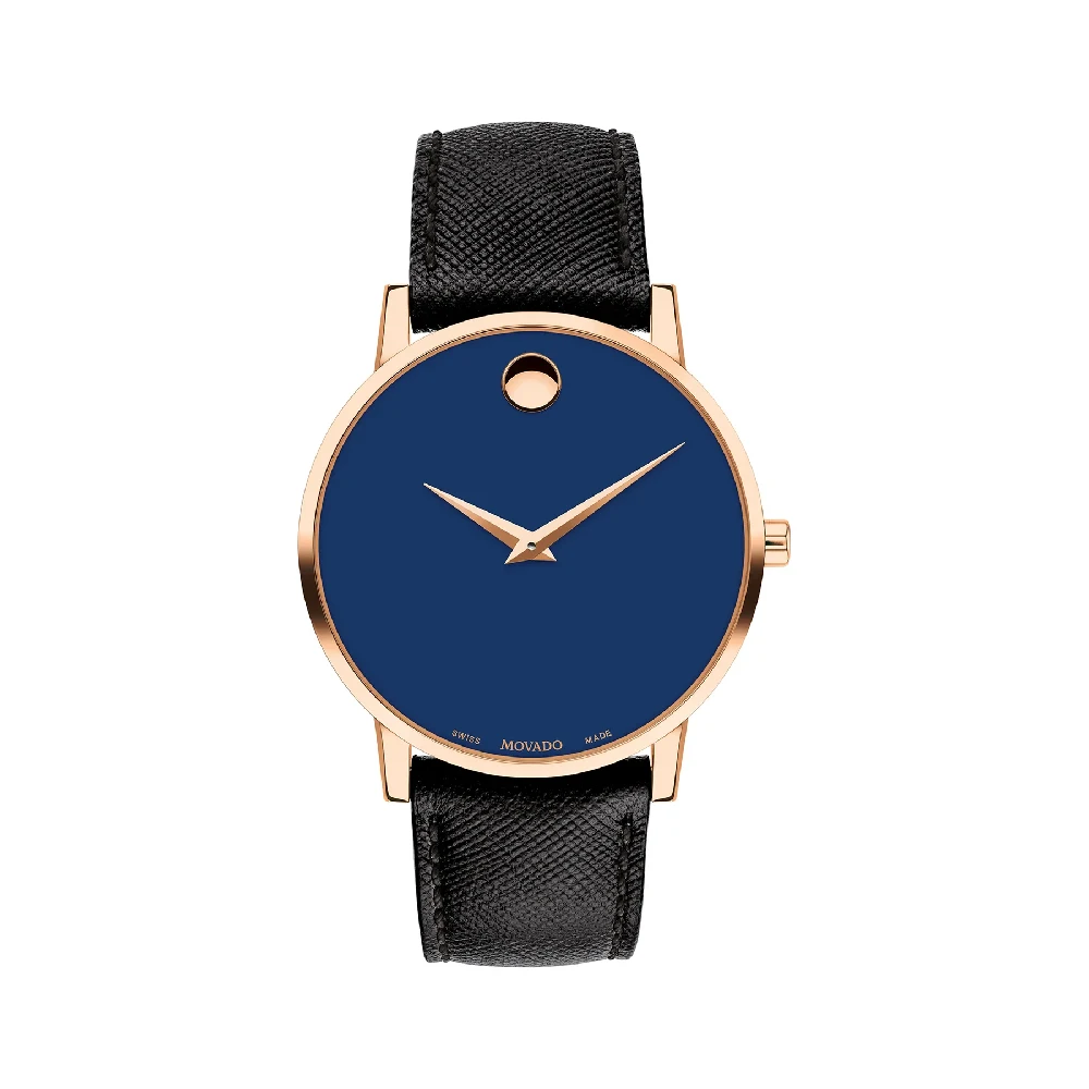 Movado Core Museum Mens Quartz Watch, 40mm Stainless Steel Case, Blue Dial, Sapphire Glass, Genuine Leather Strap, Black Strap, 2-Hand Display, 3ATM - 607266