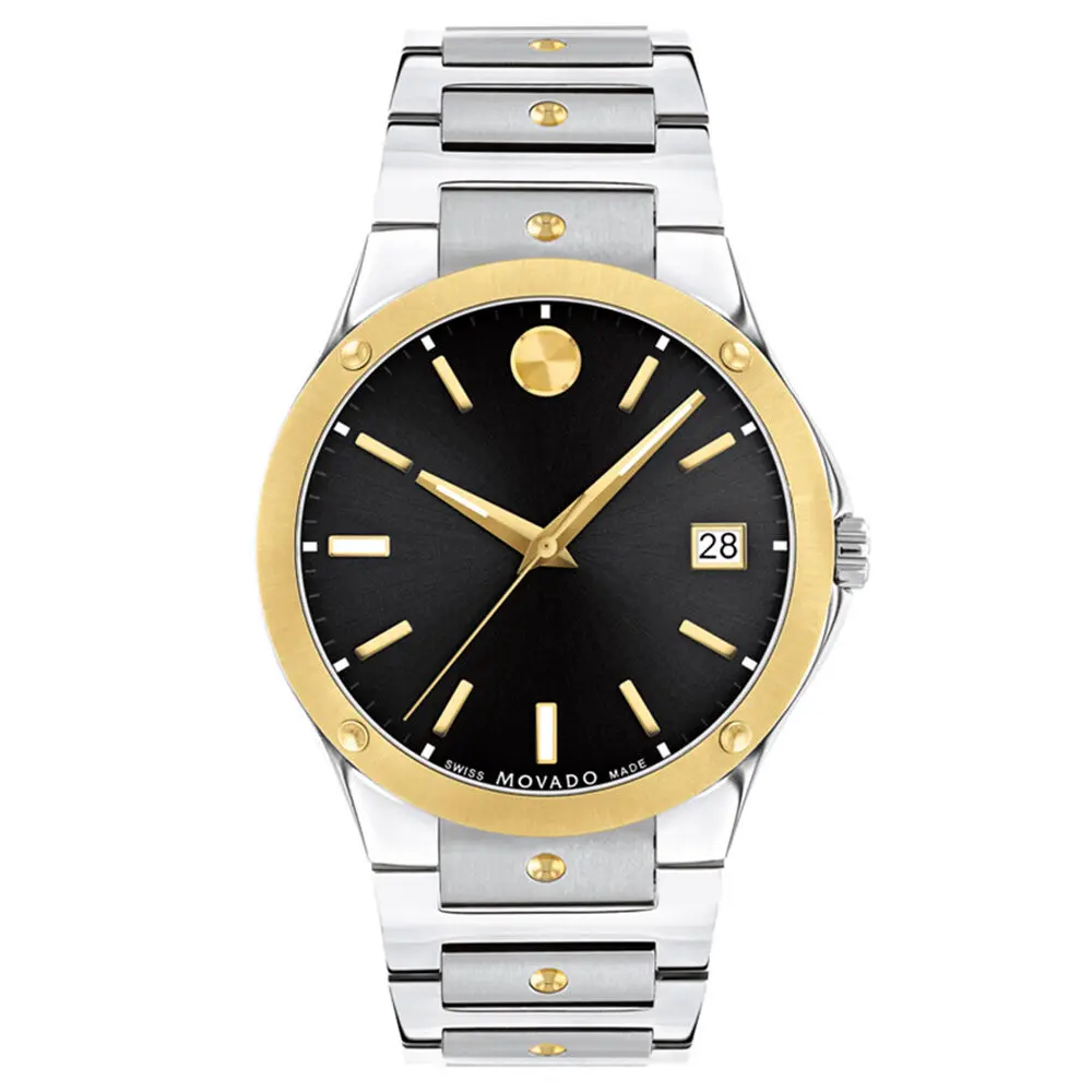 Movado Unisex Quartz Watch, 40mm Stainless Steel Case & Bracelet, Black Analog Dial, Sapphire Crystal, Silver Stainless Steel Bracelet, 50m Water Resistance - 607596