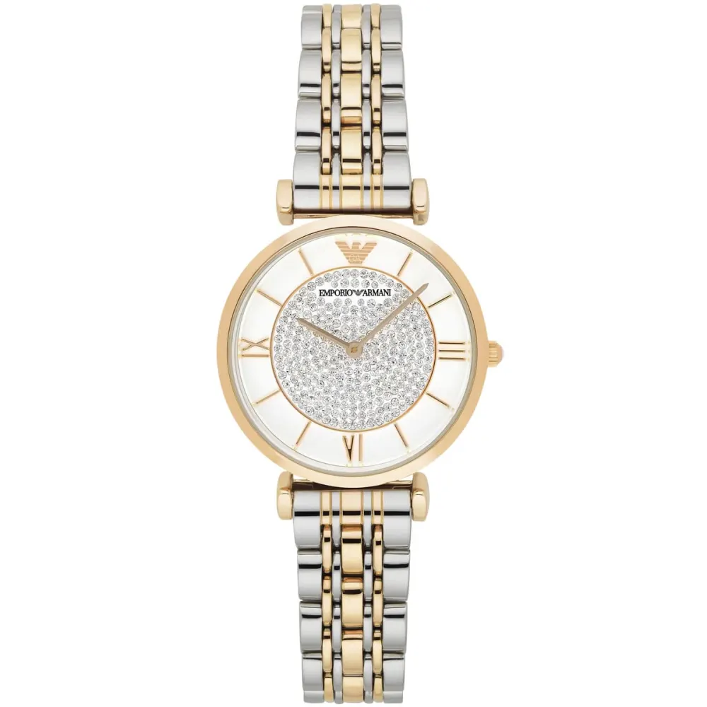 Emporio Armani Gianni T-Bar Womens Quartz Analog Watch, 32mm Round Stainless Steel Case, White Dial, Two-Tone Silver & Gold Stainless Steel Bracelet, 14mm Band, 30m Water Resistance - AR8031
