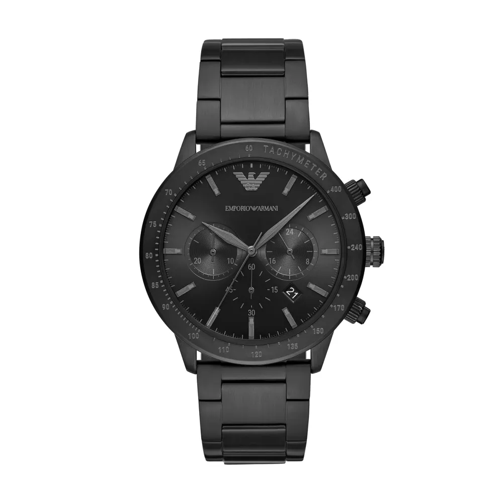 Emporio Armani Mario Mens Quartz Chronograph Watch, 43mm Round Stainless Steel Case, Black Chronograph Dial, Black Stainless Steel Bracelet, 22mm Band, 12mm Case Thickness, 3 ATM Water Resistance - AR11242