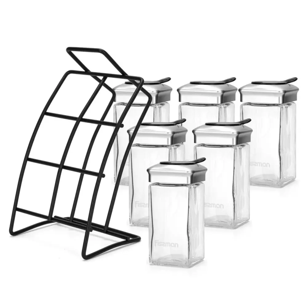 Fissman Spice Rack Organizer 6-Piece Glass Jars with Stand Black - 6434