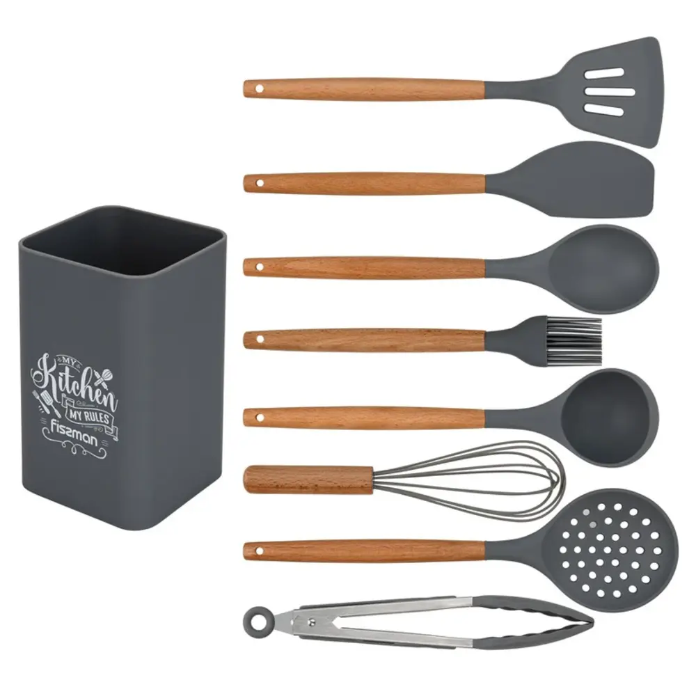 Fissman Utensil Set 9-Piece Silicone with Beech Handles Multicolor - 17293