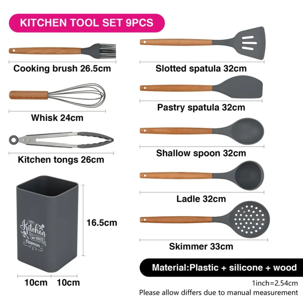 Fissman Utensil Set 9-Piece Silicone with Beech Handles Multicolor - 17293 - Image 4