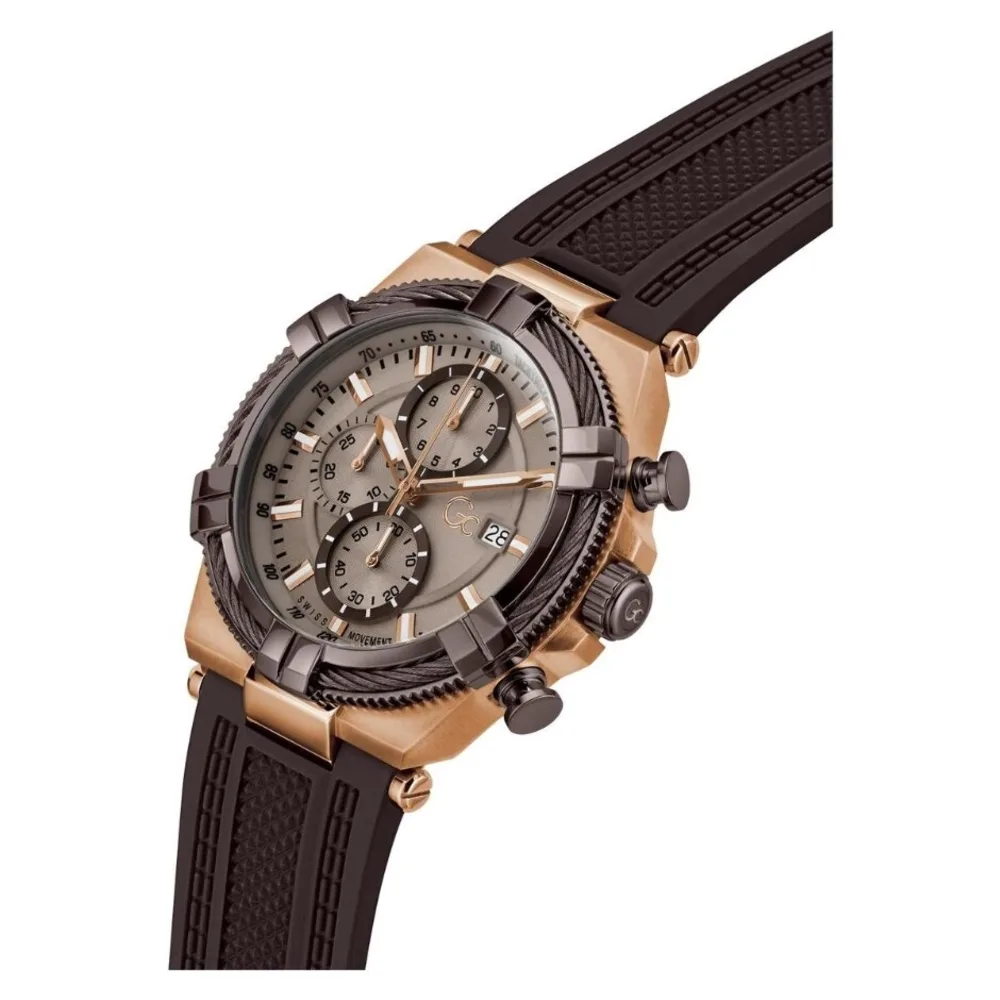 Gc IronForce Chrono Mens Swiss Quartz Chronograph Watch, 44mm Brown & Rose Gold-Tone Stainless Steel Round Case, Natural Multi-Layered Dial, Sapphire Crystal, Brown Silicone Strap, 24mm Band Width - Z76004G7 - Image 2