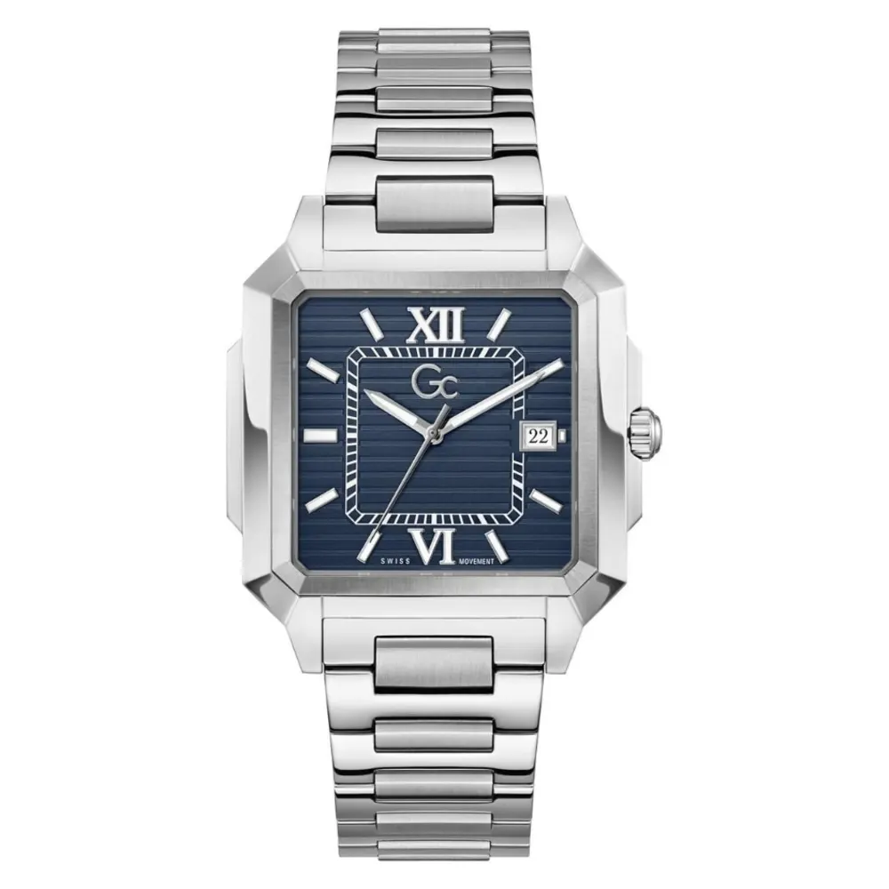 Gc SquareCut Mens Swiss Quartz Analog Watch, 41mm Silver-Tone Square Stainless Steel Case, Ocean Blue Sunray Striped-Texture Dial, Silver Stainless Steel Bracelet, Date Window - Z74003G7