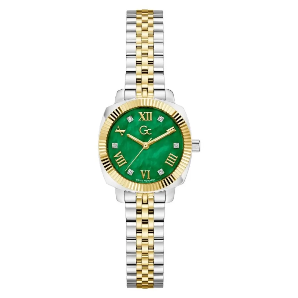 Gc Womens Swiss Quartz Analog Watch, 28mm Silver & Gold-Tone Polished Stainless Steel Pillowcase Case, Green Dial, European Crystals, Luminous Details, Sapphire Crystal, 10 ATM Water Resistance - Z73003L9